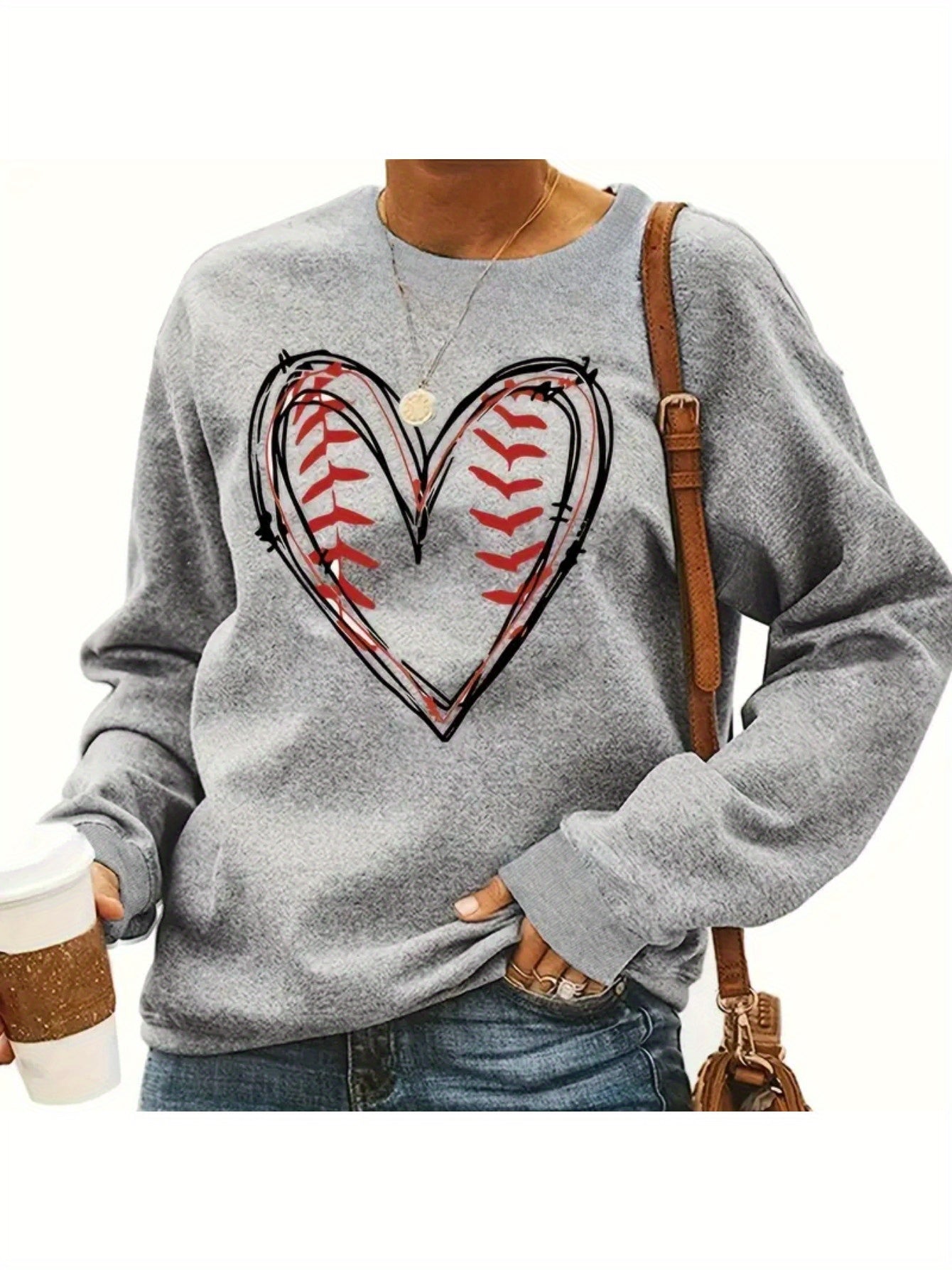Women'S Casual Crew Neck Sweater, Cozy Heart Print Crew Neck Sweatshirt Long Sleeve Pullover for Autumn/ Winter, Knit Grey Sweatshirt Women'S Casual Crew Neck Sweater, Cozy Heart Print Crew Neck Sweatshirt Long Sleeve Pullover for Autumn/ Winter, Knit Grey Sweatshirt